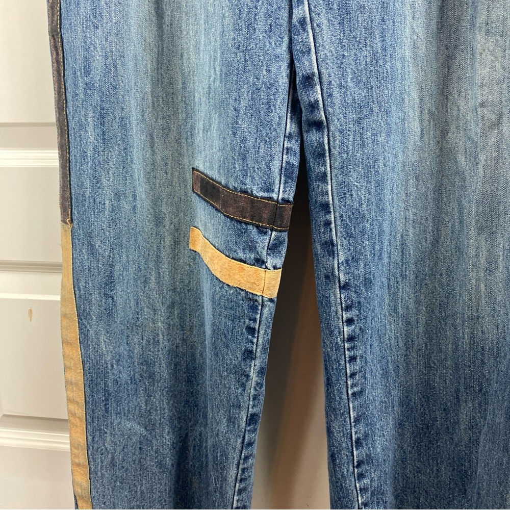Clench Jeans Mens Y2K Jeans 36x32 Denim Grunge  Hip Hop Suede Stipe 2 Tone Patch - Picture 5 of 10